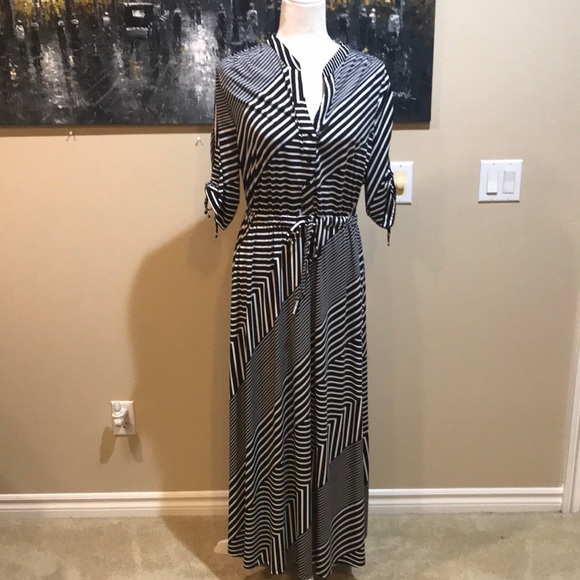 Robert Louis Black & White Diagonal Striped Maxi Dress w/Elastic Tie Waist-XL - Picture 1 of 12